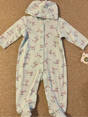 Little Me Mint Floral Footed One-Piece with Matching Hat